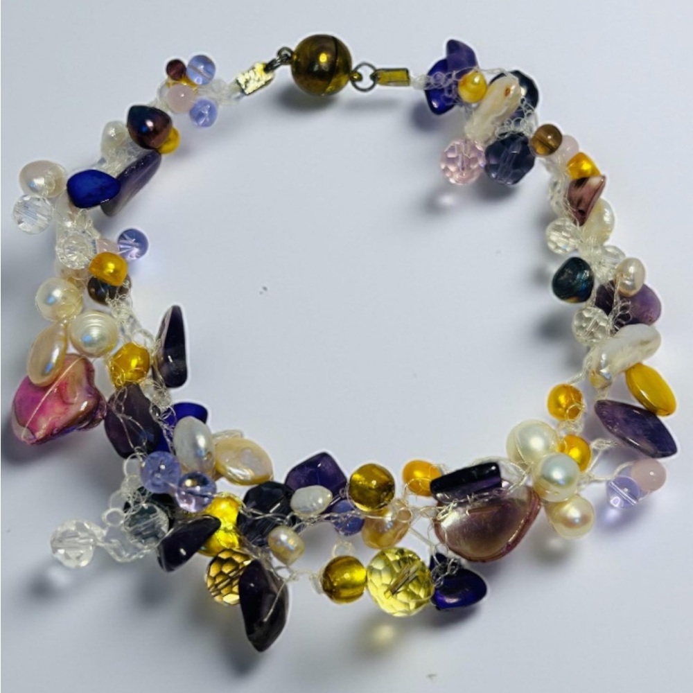 Colorful Beaded Statement Necklace – 15” with Shell, Faux Pearls & Glass Beads